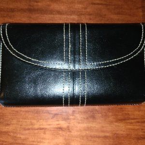 Burton Stitched Black Leather Tri Fold Wallet Nice Shape
